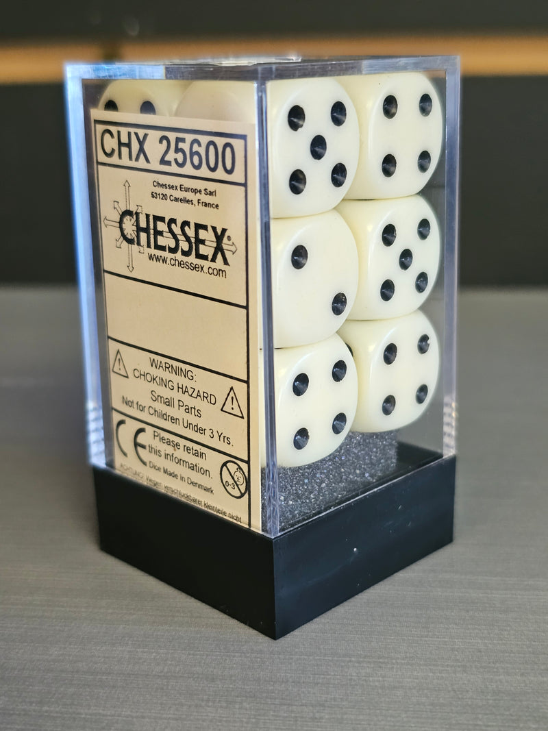 CHESSEX: CHX 25600 Opaque 16mm D6 Ivory/Black (12 DICE)