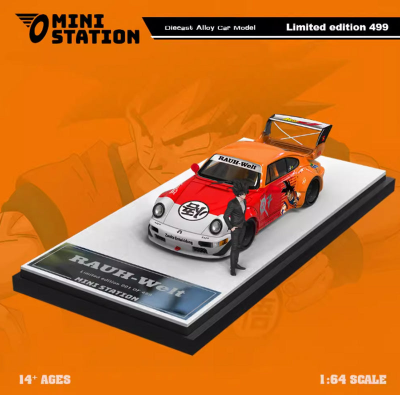 PORSCHE 964 RWB DRAGONBALL Z LIVERY SUN WUKONG WITH FIGURE 1/64 SCALE DIECAST CAR MODEL BY MINI STATION MSSUNPORFIG