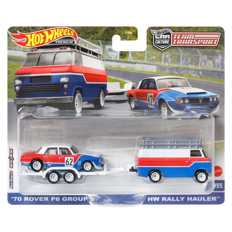Hot Wheels Team Transport Truck & Race Car, Rally Van & Trailer